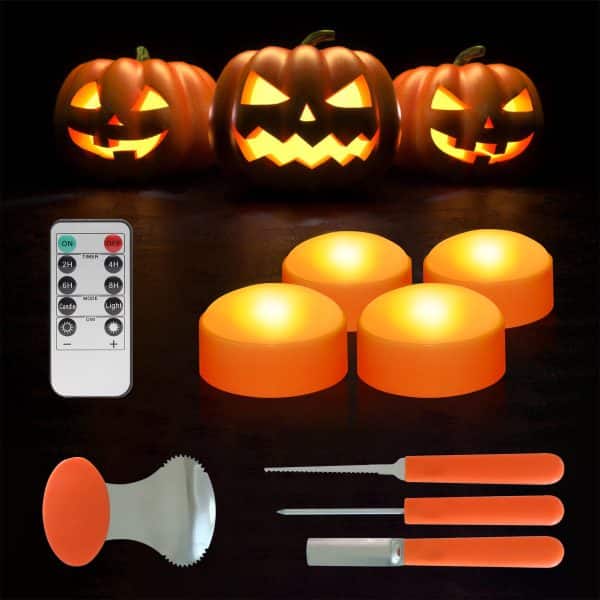 Gobesty 4 Luci LED A Forma Di Zucca Per Halloween Con Telecomando - Effetto Candela, Regolabili, Sicure Per Jack-o-Lantern